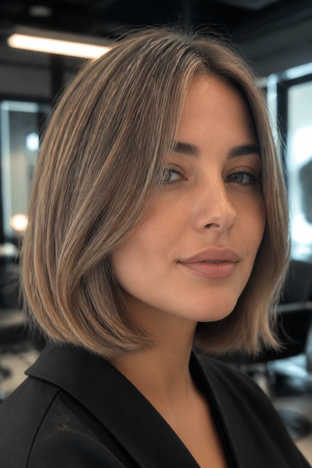 Close-up of a real woman with an ashy caramel bob and soft ends
