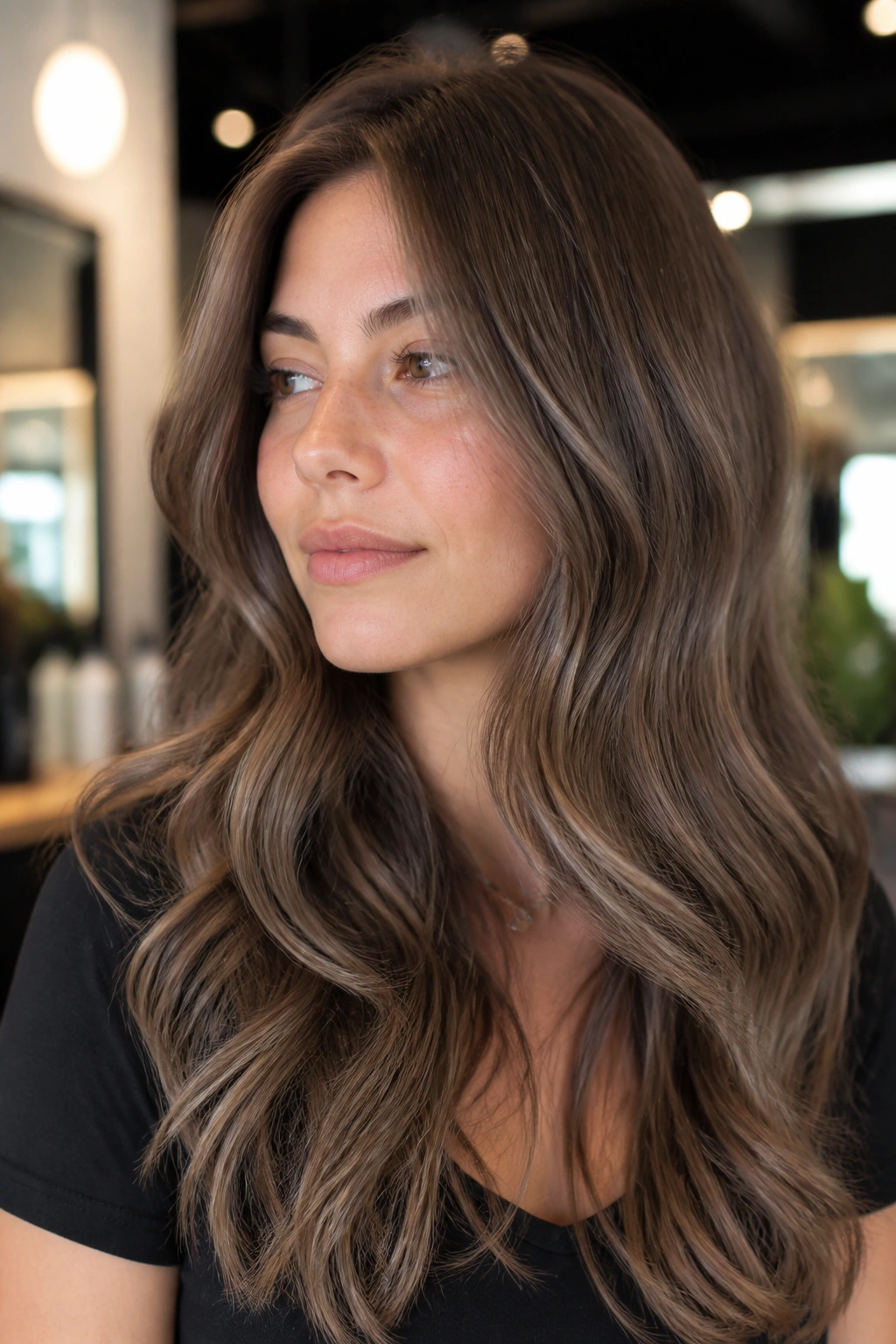 Portrait of a brunette with ashy caramel glaze evenly applied