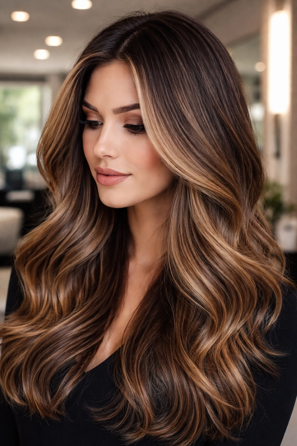 Close-up of ash-brown base with cool caramel highlights on a real woman in a modern salon.