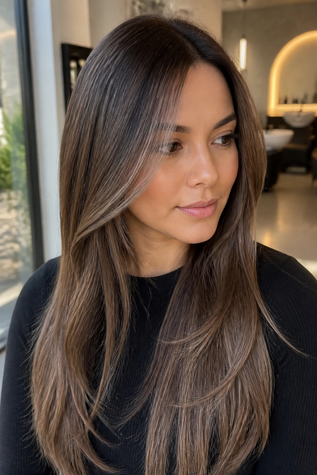 Close-up portrait with ashy caramel highlights for a cooler, slimmer look