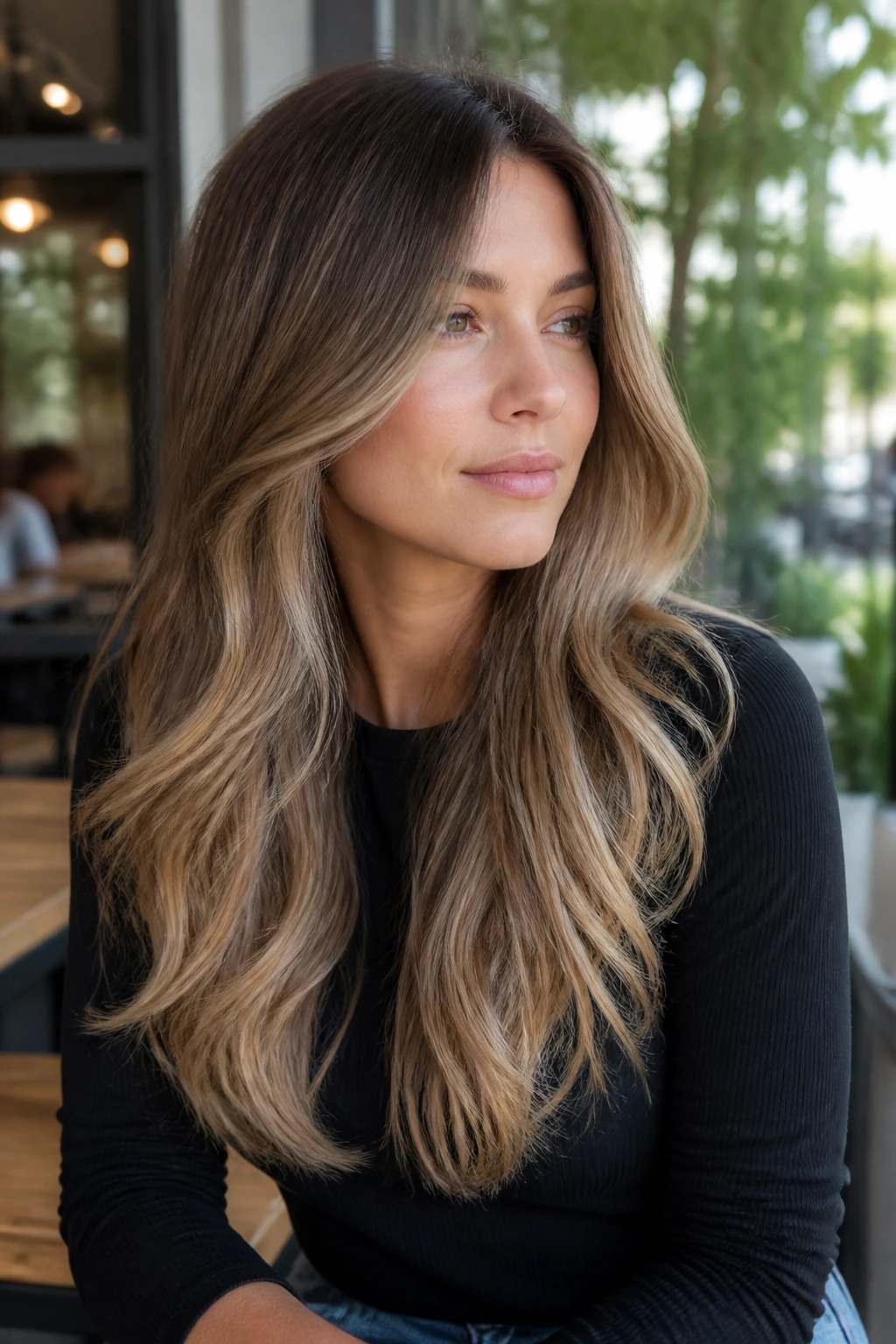 Close-up of a real person with Ashy Caramel Ombré on Long Layers hair.