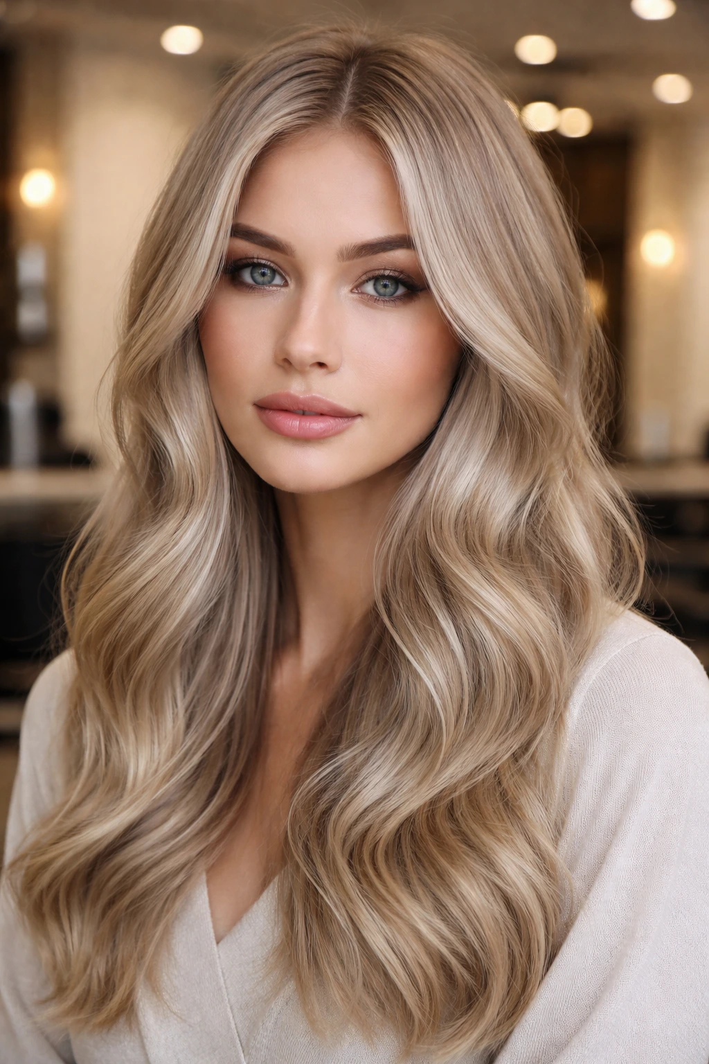 Real woman with ashy champagne blonde color, cool-toned and glossy.