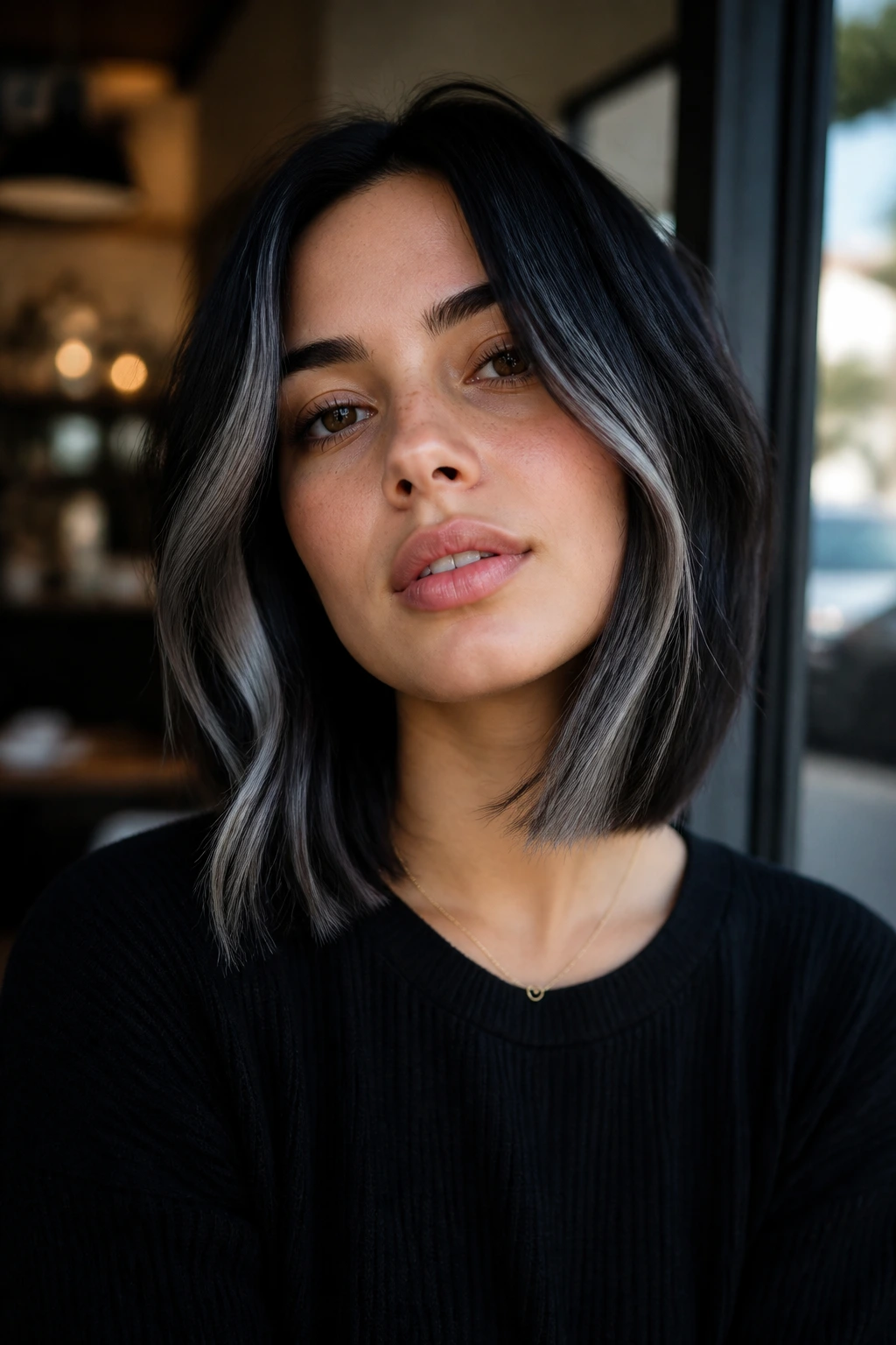 Portrait of a real person with black lob and ashy chunk lights framing the face.