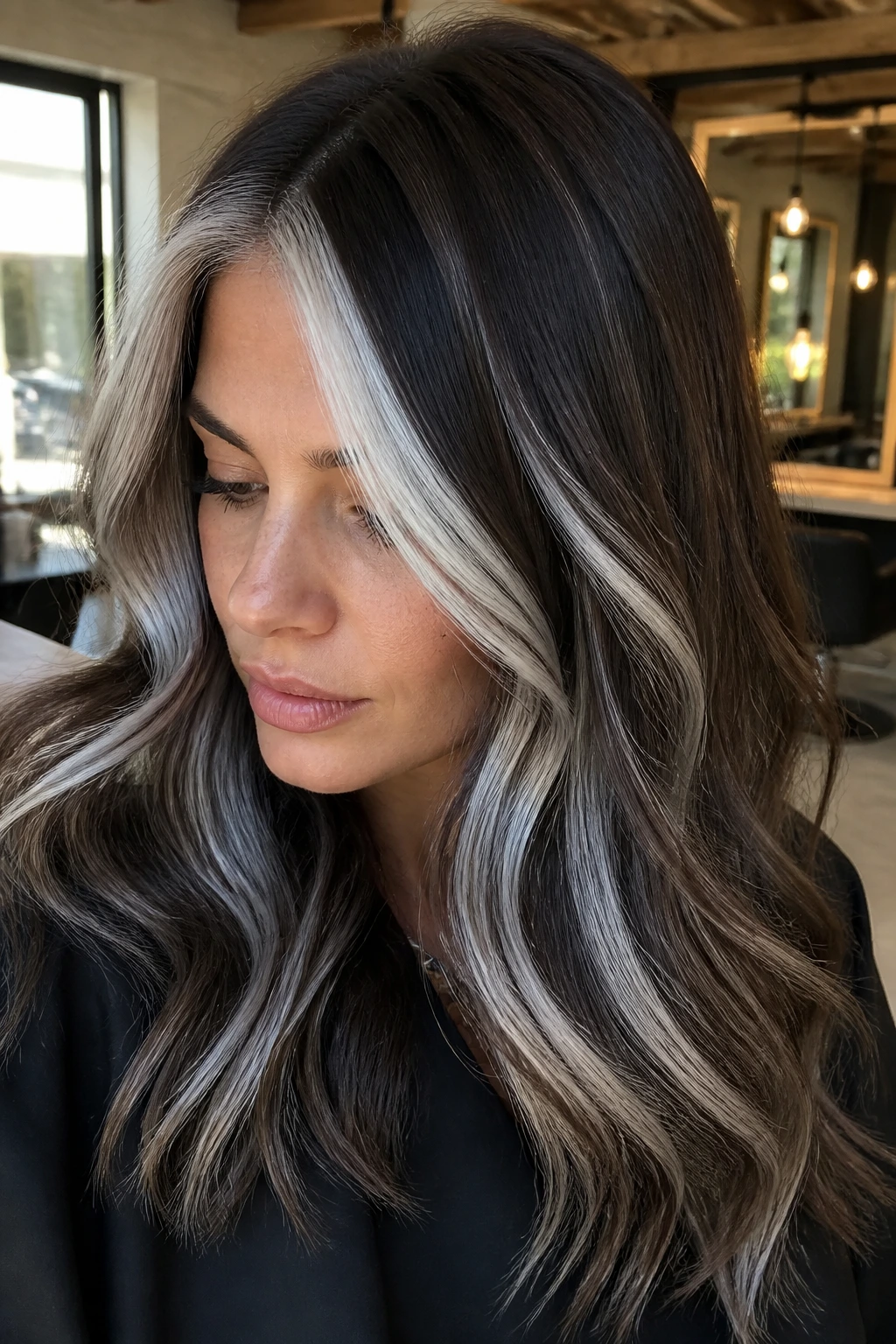 Close-up of real person with ashy cocoa hair and chunky silver streaks