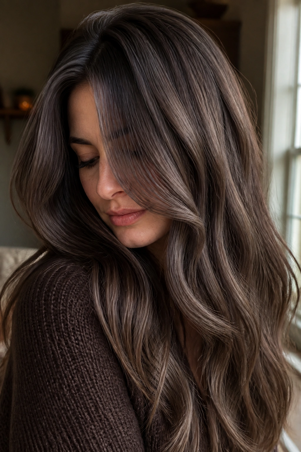 Portrait of a woman with ashy cocoa hair and veil highlights