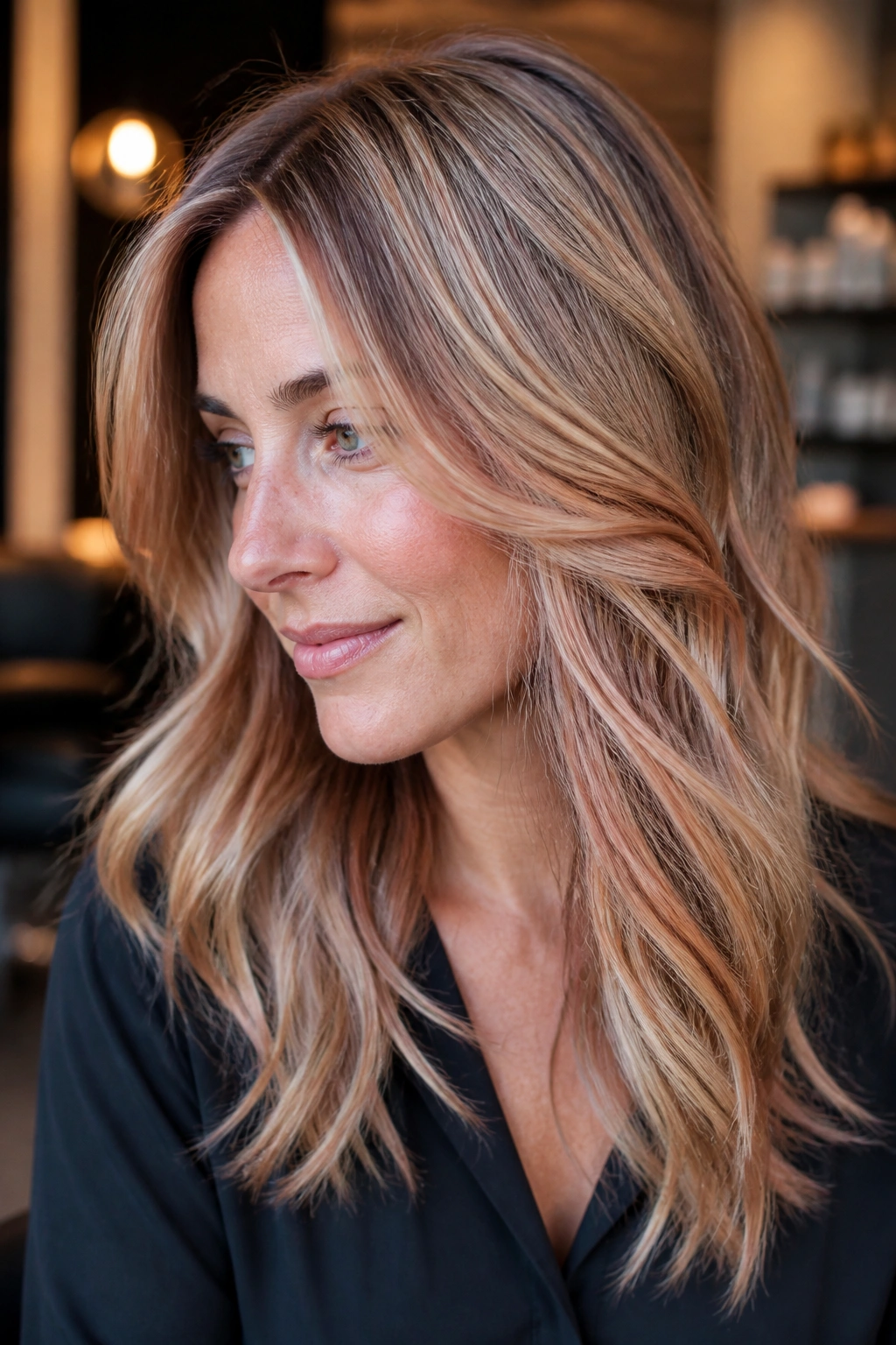 Close-up of a real woman with ashy copper ribbon highlights through medium blonde hair