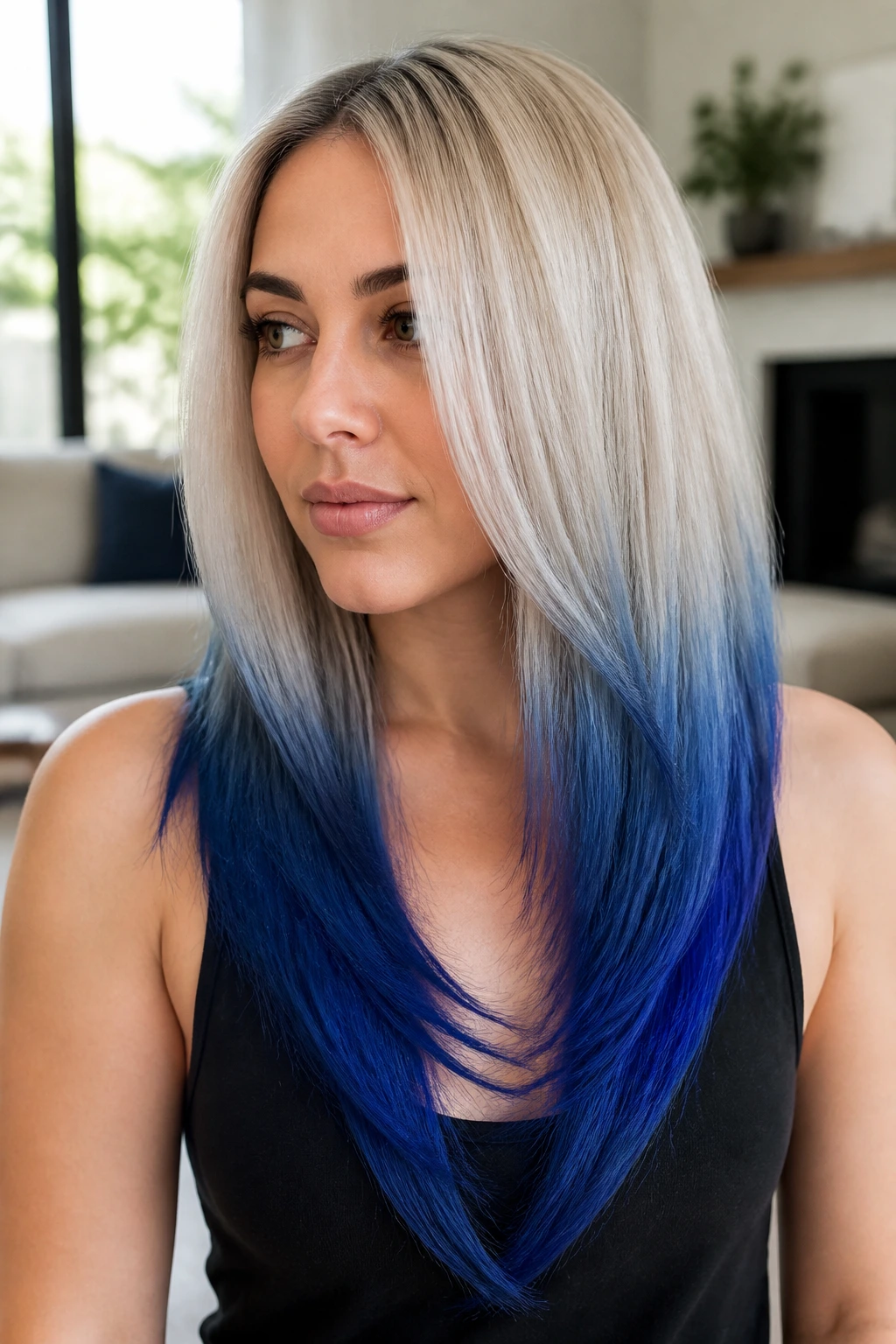 Close-up portrait of a real woman with ashy cream blonde and cobalt V-cut.
