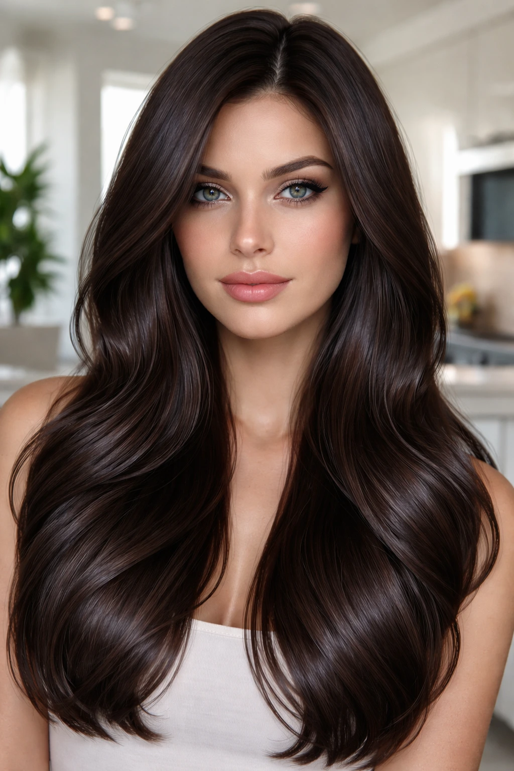 Close-up portrait of a person with Ashy Dark Chocolate cool-toned hair under soft gloss