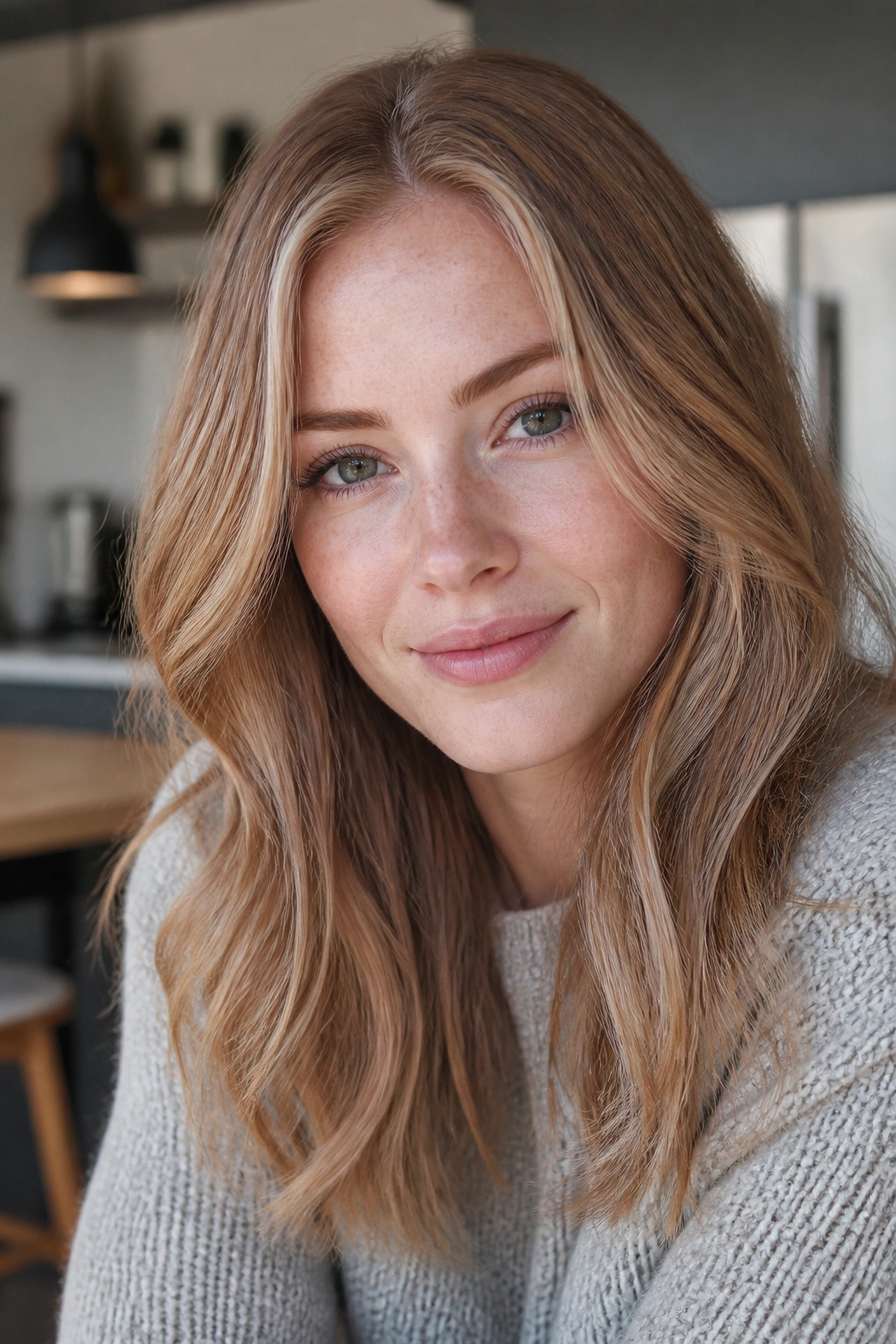 Close-up portrait of a woman with ashy ginger blonde hair