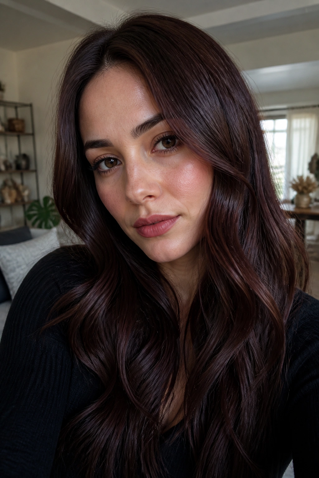 Close-up of ashy mahogany brown hair with subtle mahogany veil on a real person.
