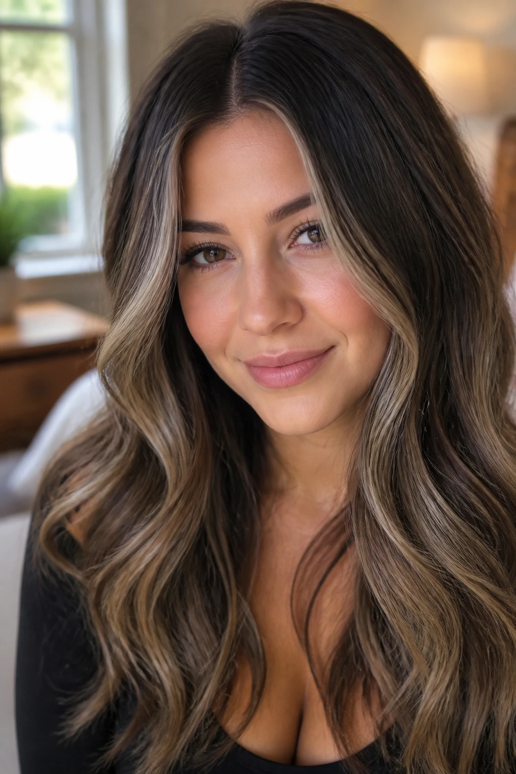 Close-up of real woman with ashy mushroom brunette balayage, cool diffused tones framing the face