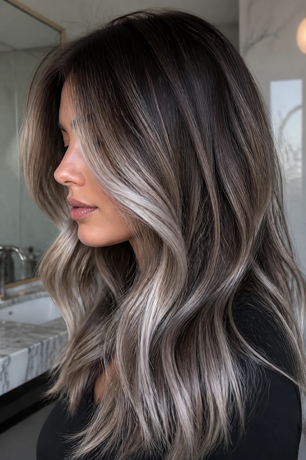 Close-up of a real woman with an ashy platinum melt on dark chocolate hair