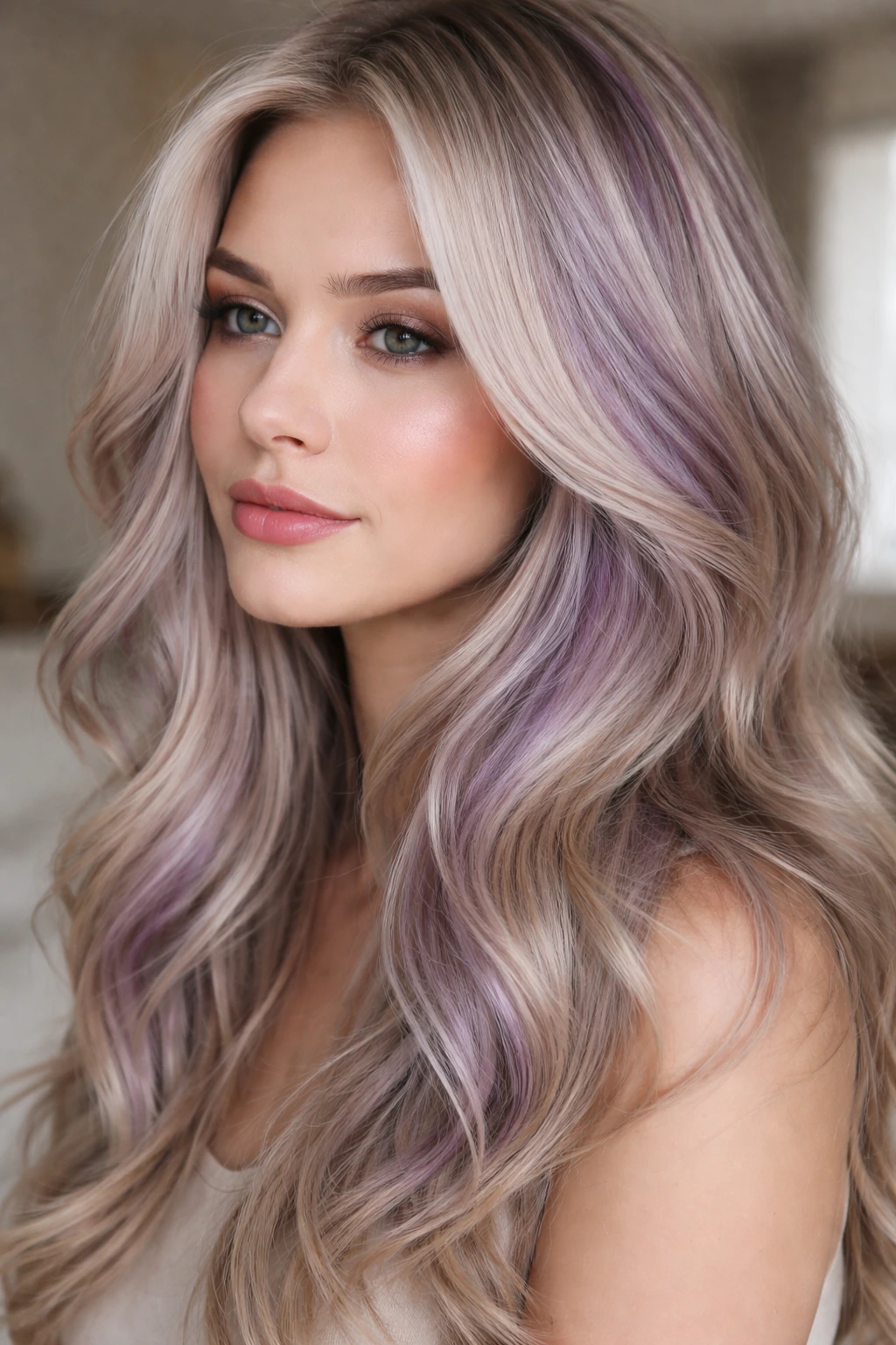 Close-up of real person with cool blonde hair and ashy purple highlights