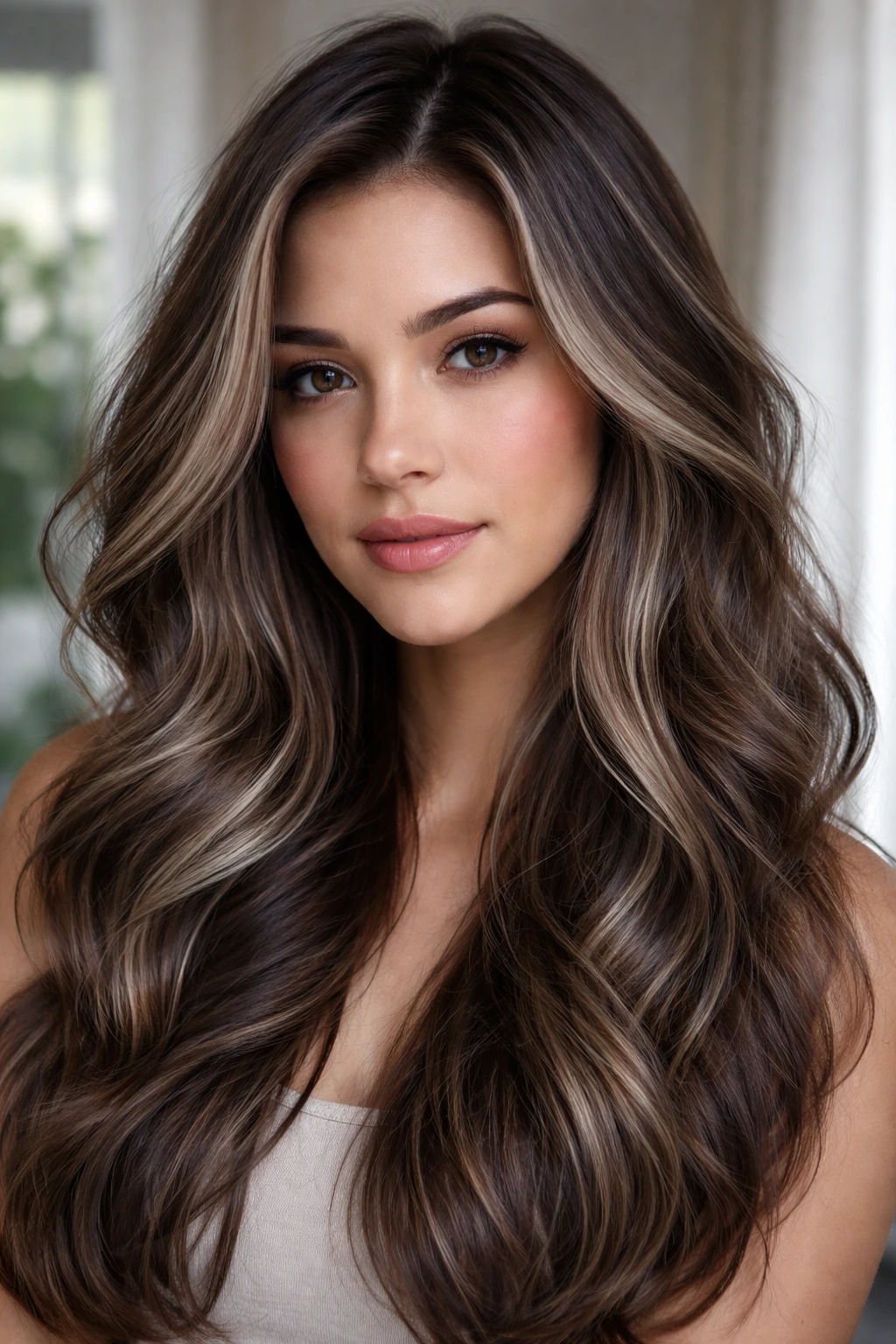Portrait of a woman with ashy ribbon highlights in cool-toned brown hair.