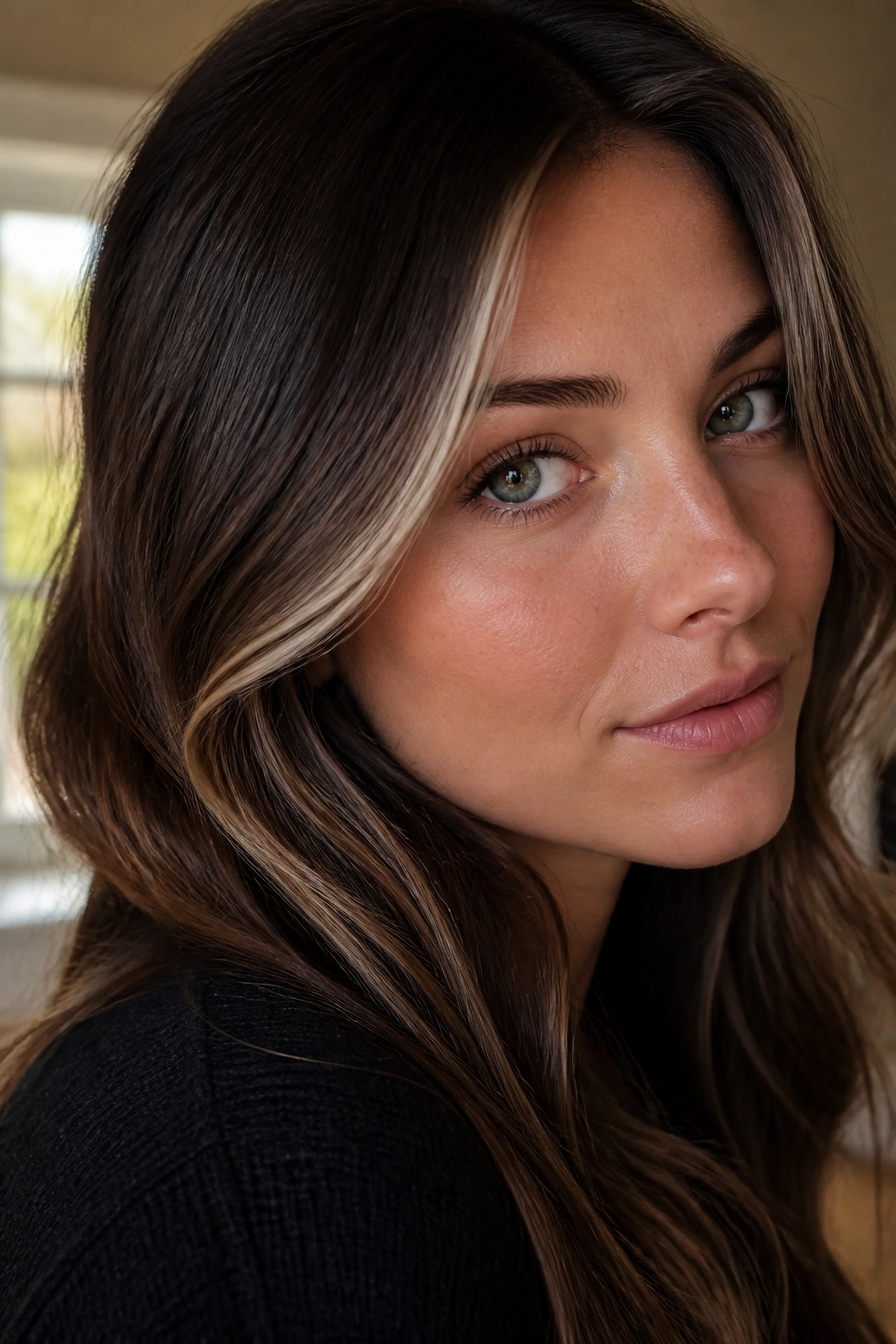 Close-up of a real woman with ashy face-framing ribbons in brown hair