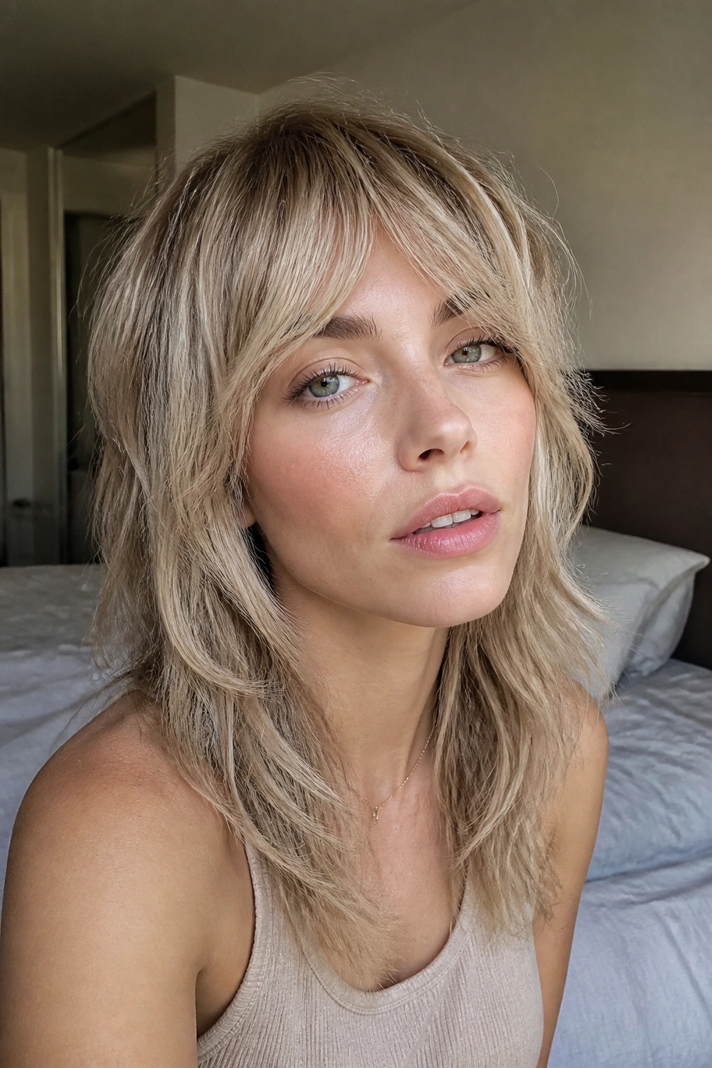 Close-up of a real woman with an ashy sandy blonde shag hairstyle in natural window light