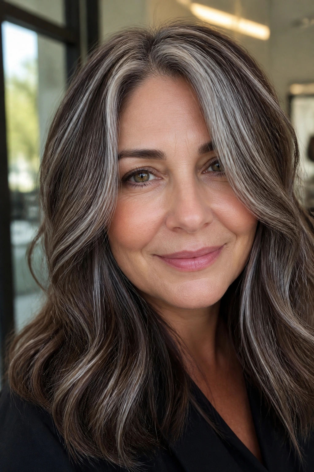 Portrait of a real woman with chestnut hair and thin ashy-silver ribbons running through the crown.