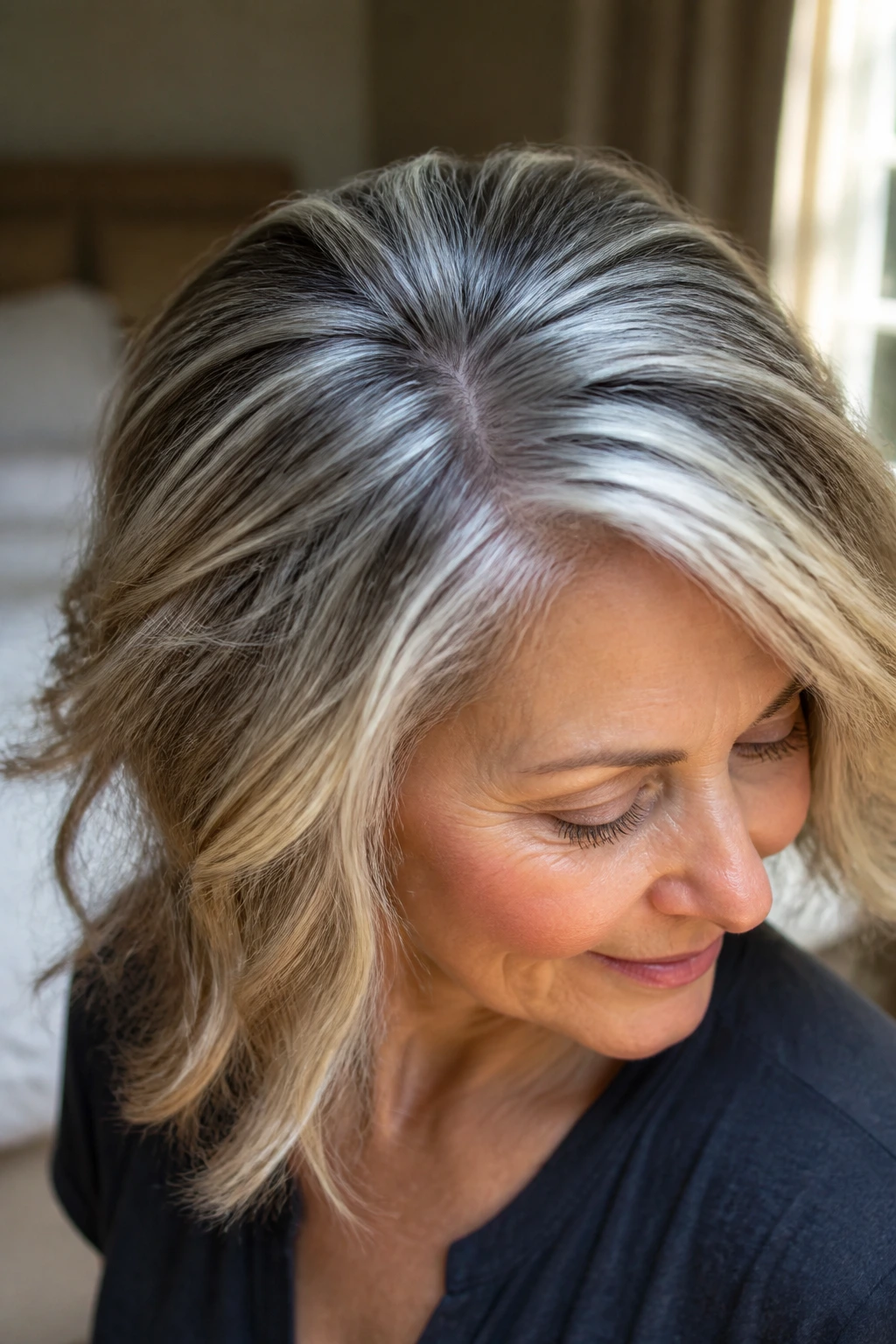 Close-up of a real woman's crown with ashy silver streaks in natural light