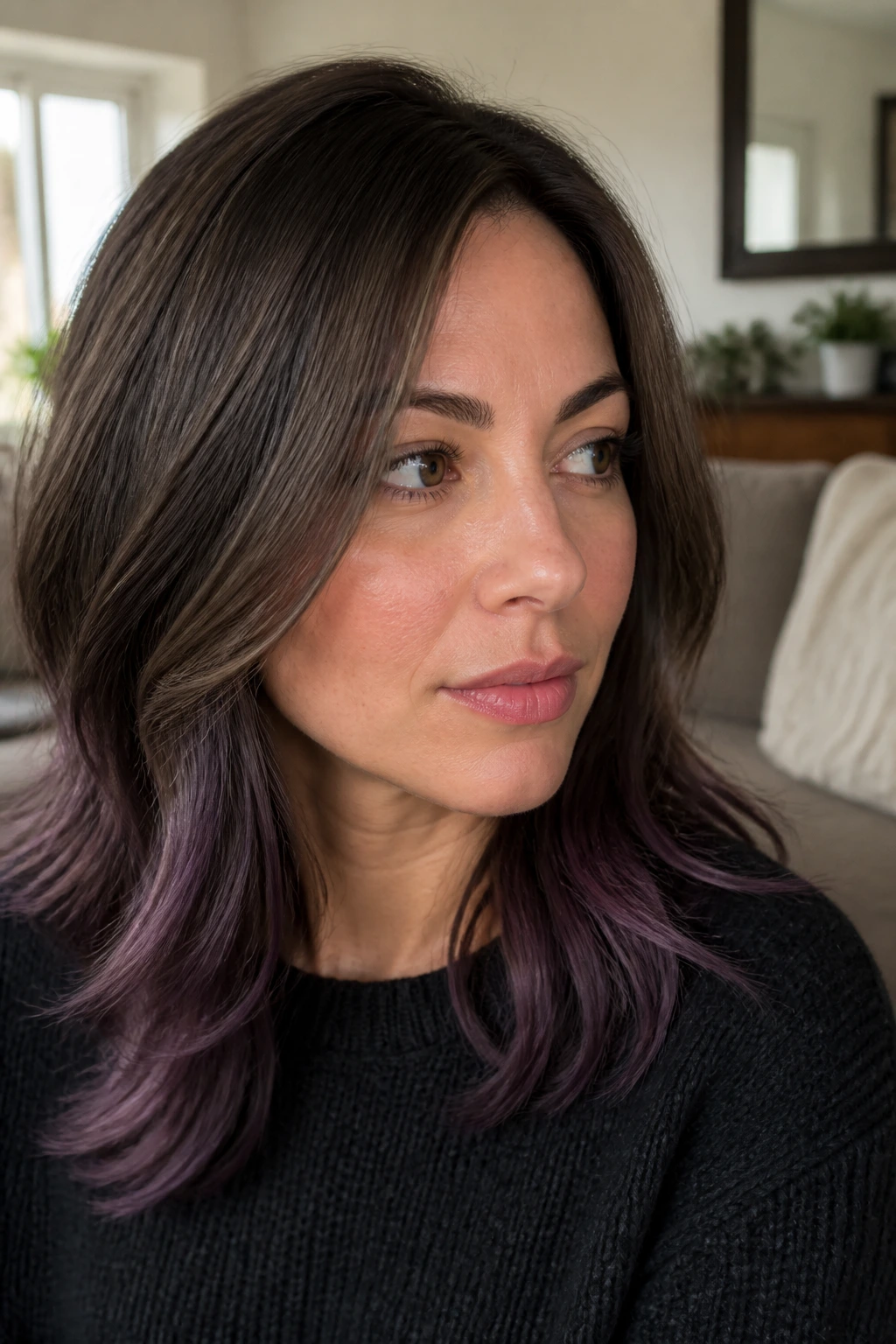 Close-up of real woman's hair with ashy-umber base and amethyst tips at the ends