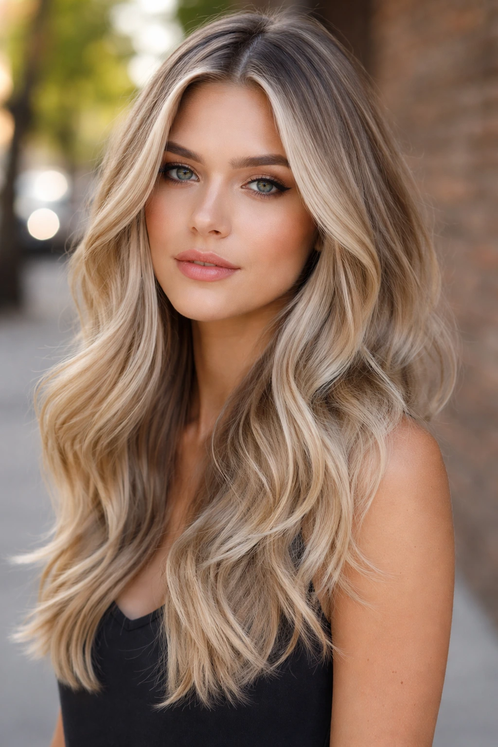 Close-up portrait of a real woman with ashy vanilla balayage in natural daylight