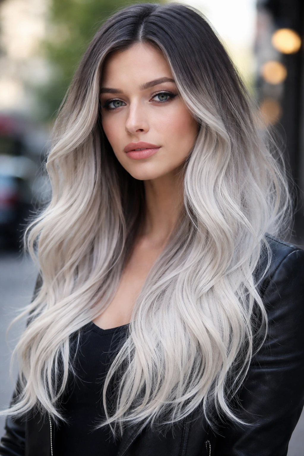 Close-up portrait of a real person with an ashy white ombré hair transitioning from dark roots to icy ends.