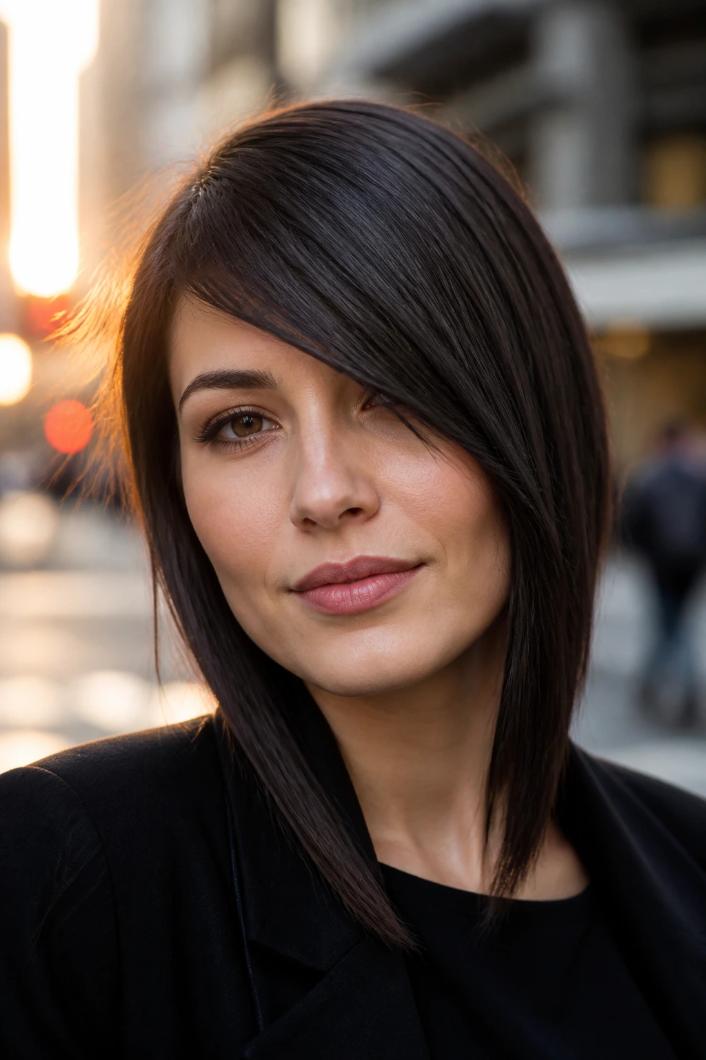 Close-up of a real woman with high-to-low asymmetric bangs on urban street