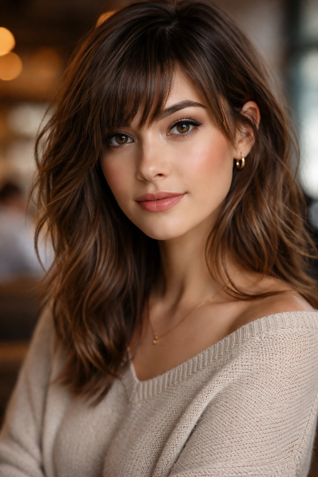Close-up of a real woman with asymmetric bangs (short on one side, long on the other) in a cafe setting