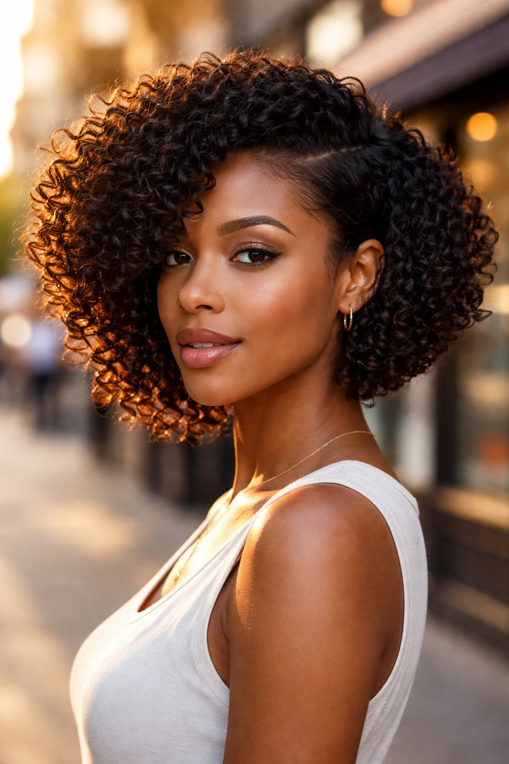 Real-person portrait with asymmetric bob one-side volume outdoors at golden hour