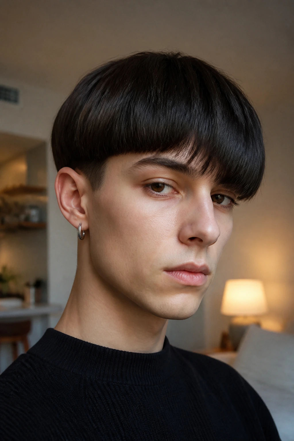 Close-up portrait of a real person with an asymmetric bowl cut, showing one side longer and a diagonal fringe