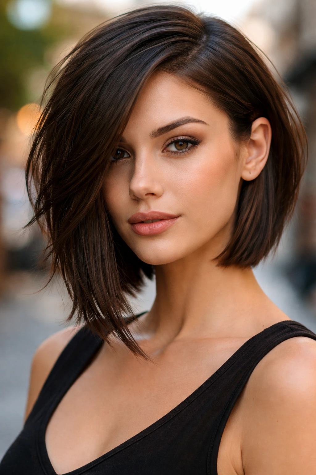 Portrait of brunette with asymmetric crop haircut in an urban outdoor setting