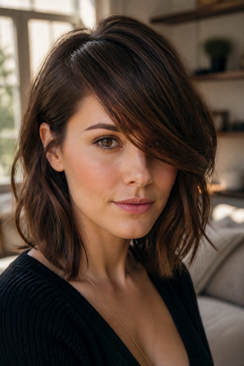 Close-up of brunette woman with asymmetric fringe and deep side part