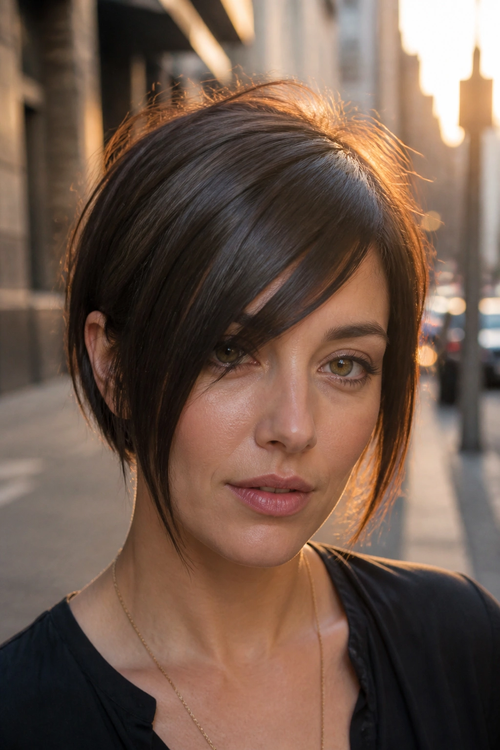Close-up portrait with asymmetric fringe and diagonal line on the forehead