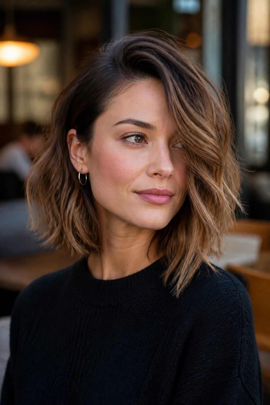 Portrait of a woman with an asymmetric lob and deep side part at a cafe.
