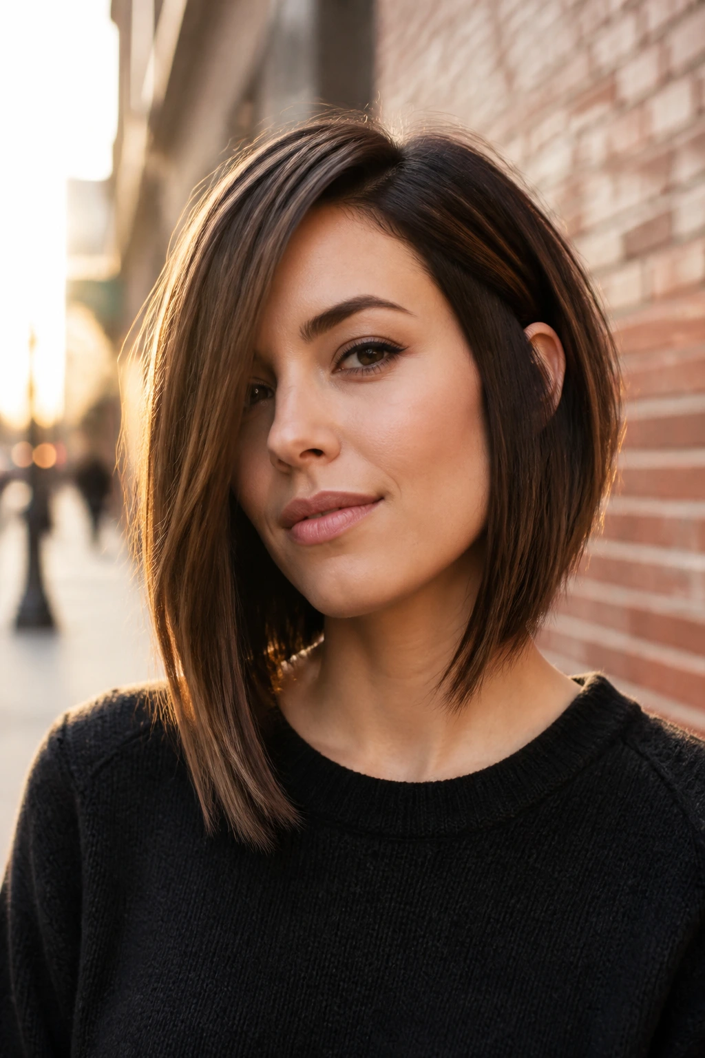 Portrait of a real woman with an asymmetric lob on a city street during golden hour