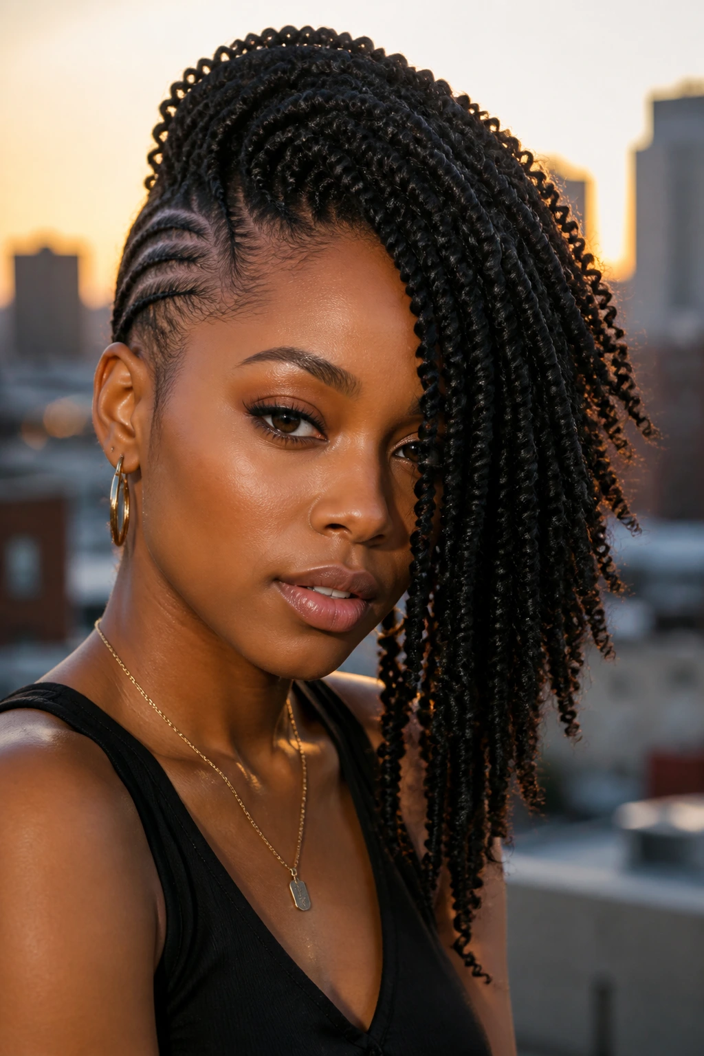 Close-up of woman with spring twist asymmetric mohawk leaning to one side
