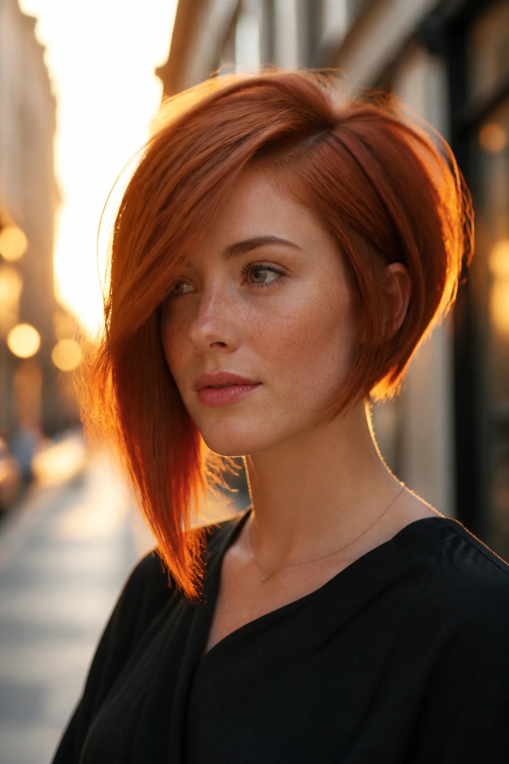 Close-up of a real woman with asymmetrical auburn bob