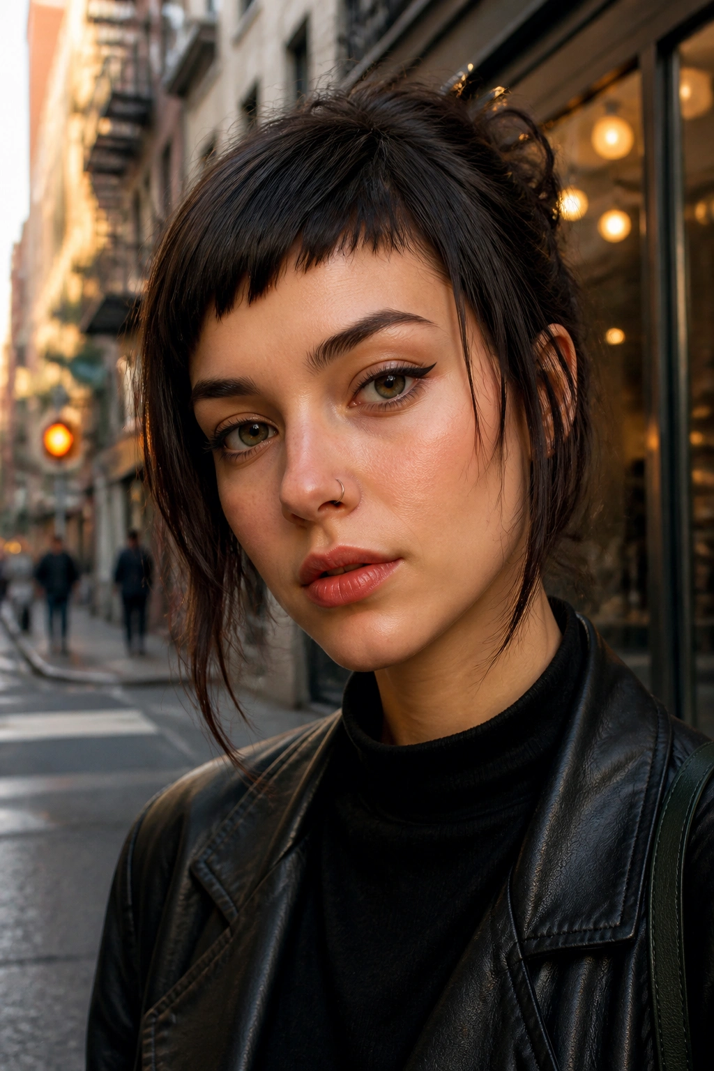 Close-up of asymmetrical bangs on a real person in urban light