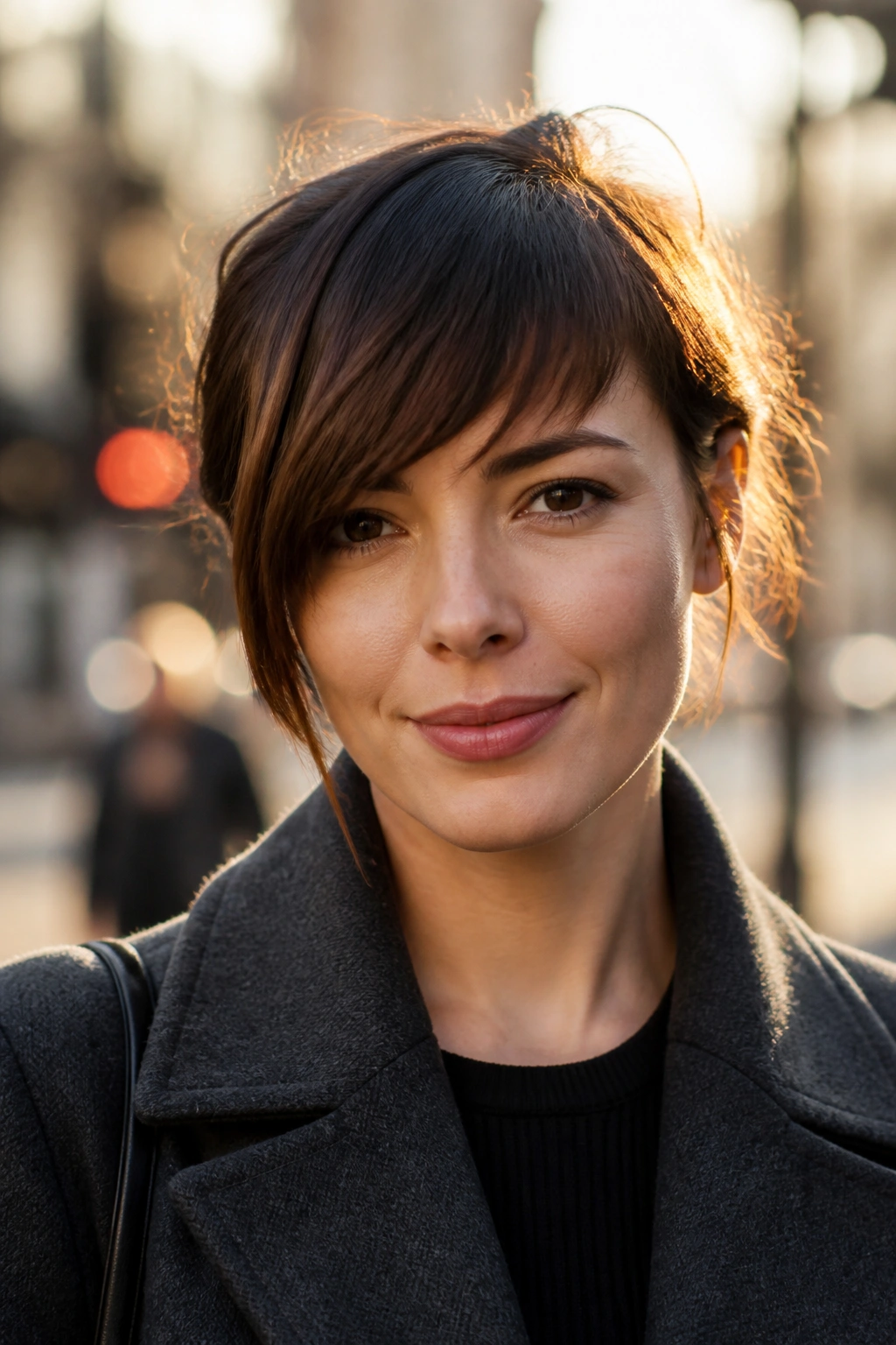 Real woman with asymmetrical bangs on an urban street