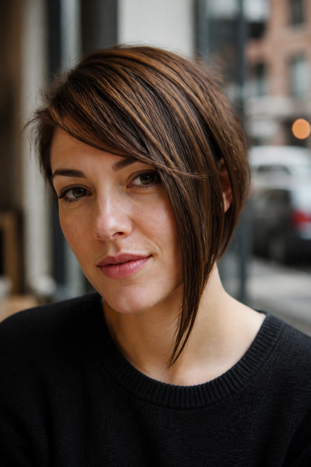 Portrait of a woman with one long anchor side bang piece on one side