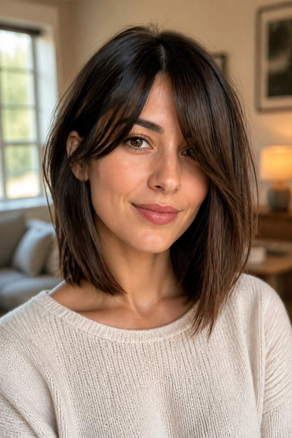 Close-up of a real woman with asymmetrical curtain bangs and collarbone-length lob, off-center part in warm window light.