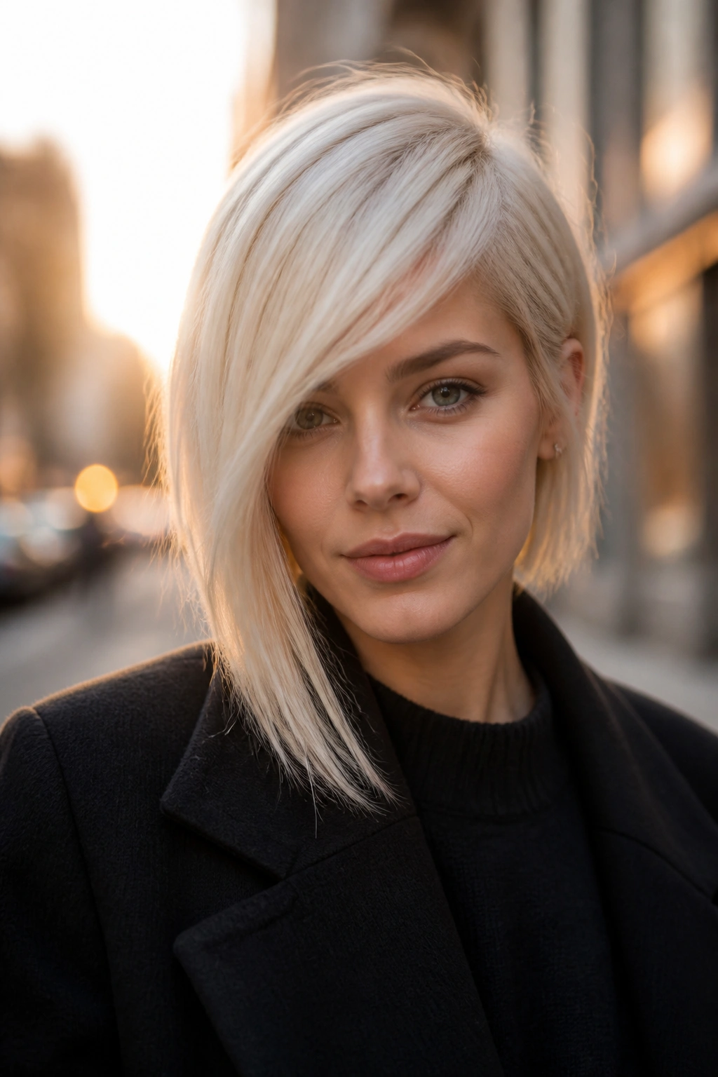 Woman with icy asymmetrical bangs photographed on a city street at golden hour