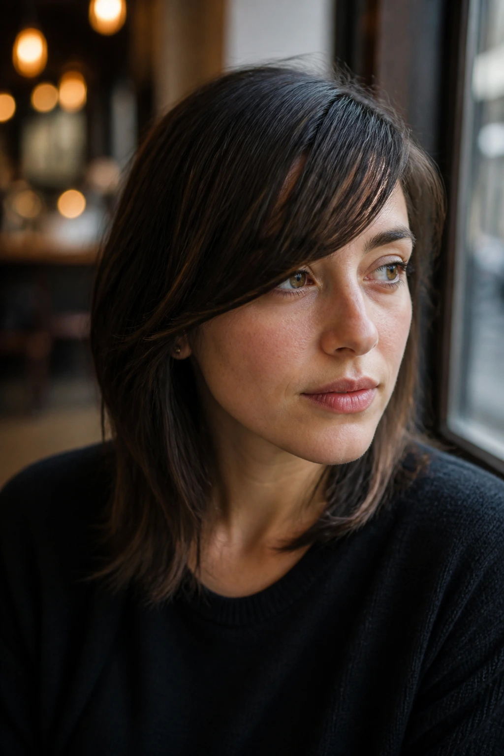 Portrait of a real woman with an asymmetrical bangs line, showing one side longer than the other.