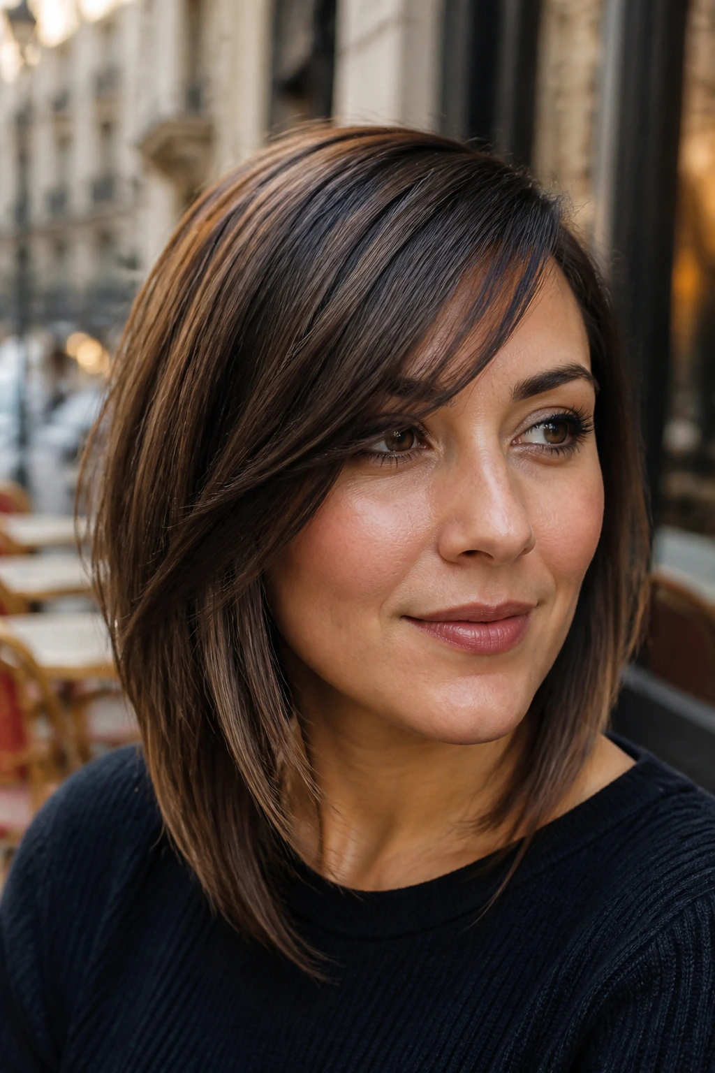 Close-up portrait of a real woman with diagonal asymmetrical bangs in natural light