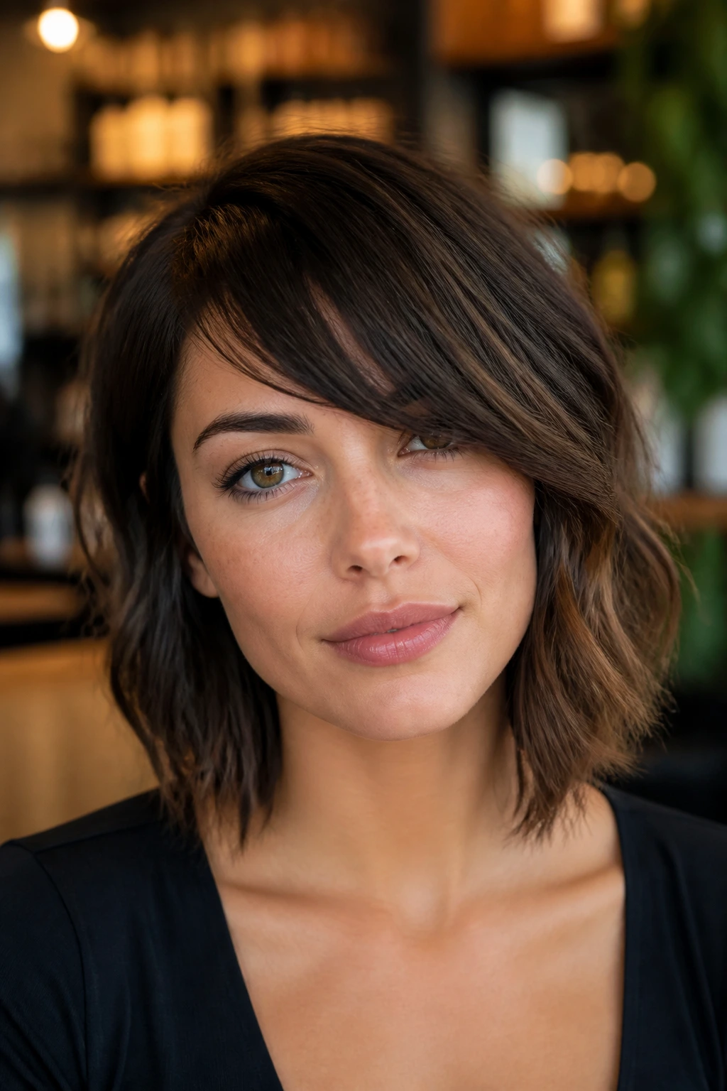 Close-up of a real woman with asymmetrical bangs angled across the forehead