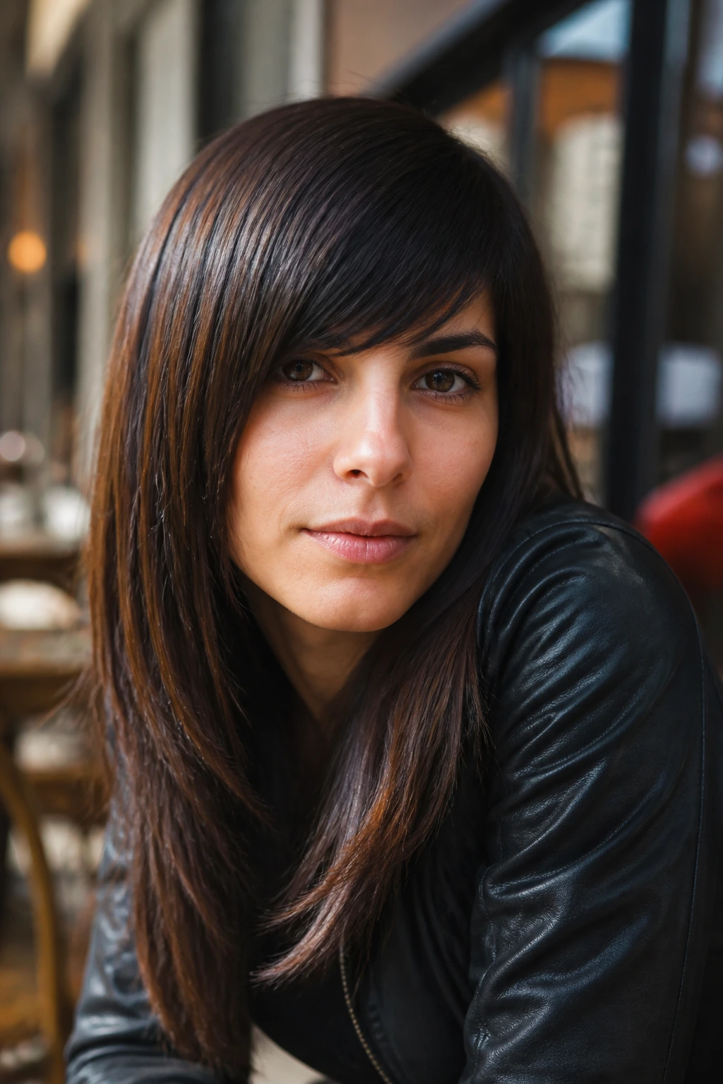 Close-up portrait of a real woman with asymmetrical bangs on straight hair in an urban cafe.