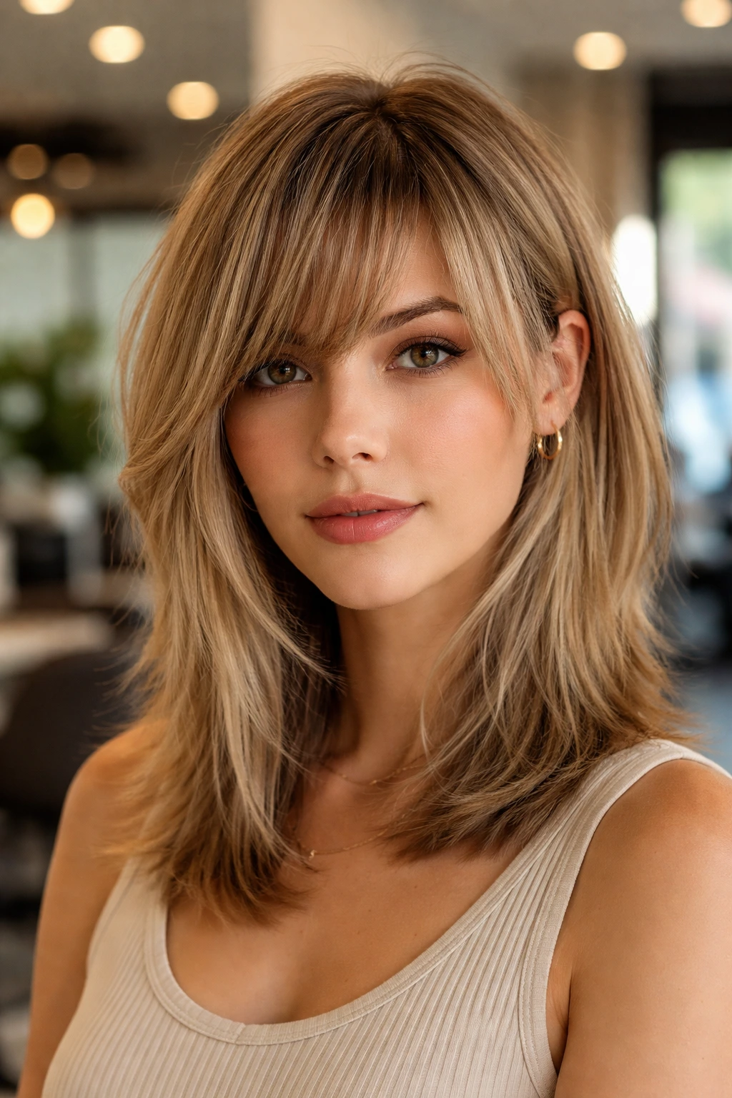 Close-up of asymmetrical French cut bangs on a real person in a sunlit salon.