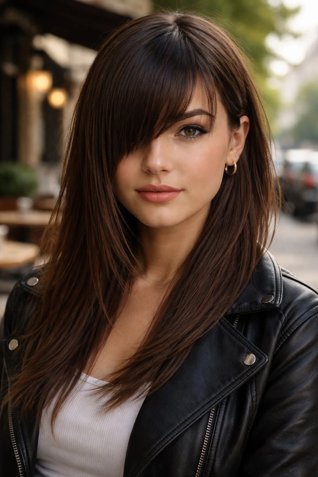 Close-up of a real woman with asymmetrical straight bangs outdoors in daylight