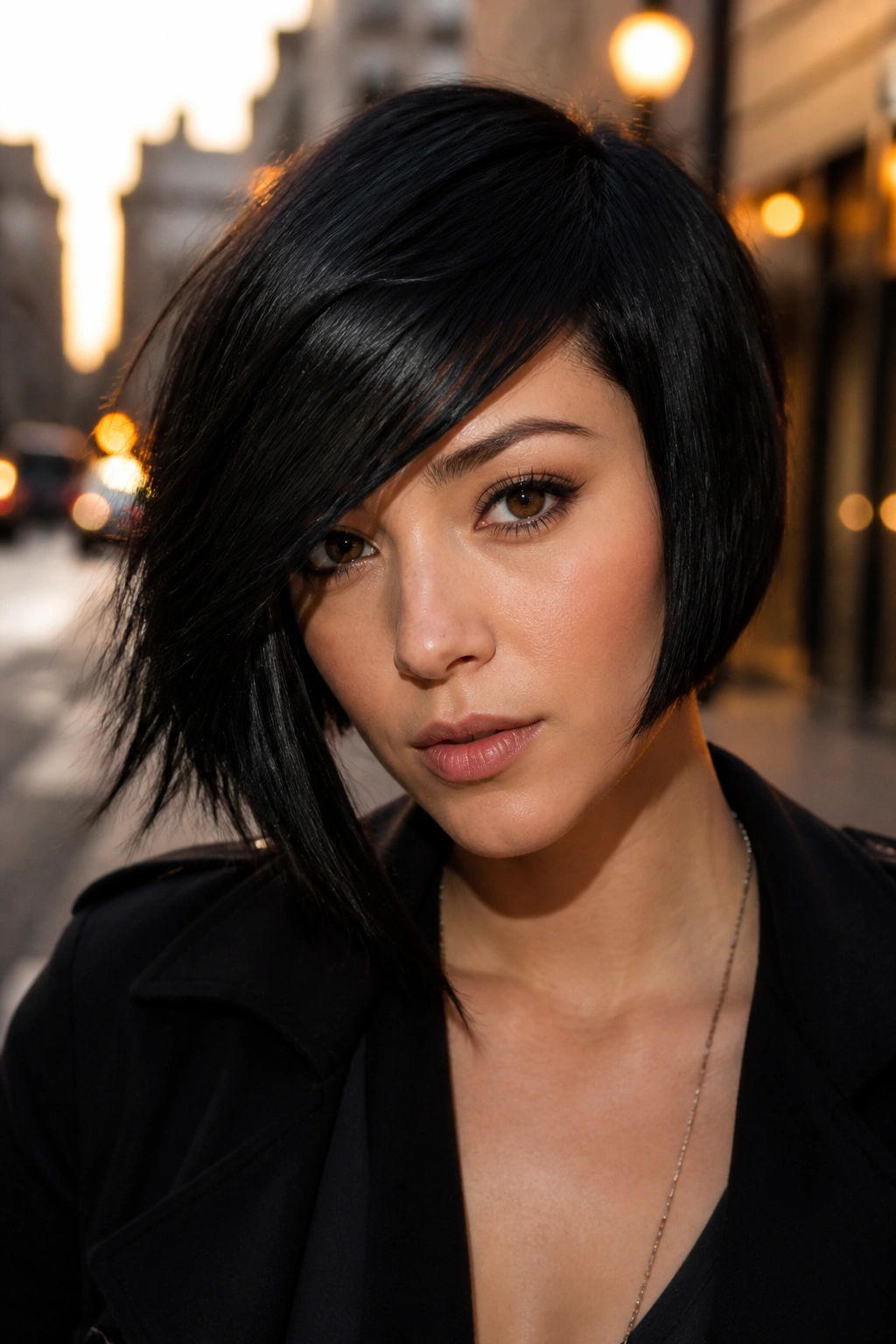 Portrait of a woman with asymmetrical bangs showing a sharp diagonal angle