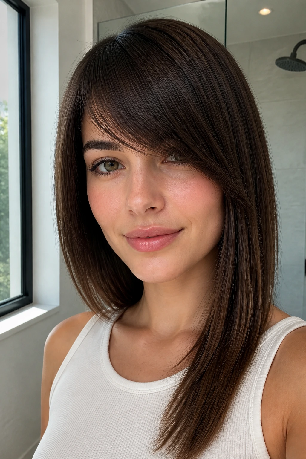 Portrait of a real person with asymmetrical bangs on straight hair