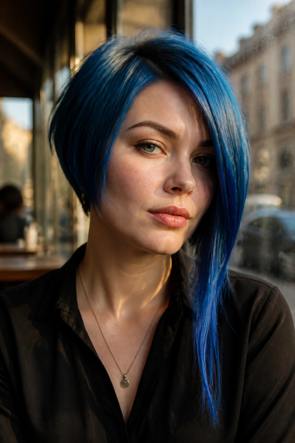 Portrait of a person with an asymmetrical blue bob and one long front corner